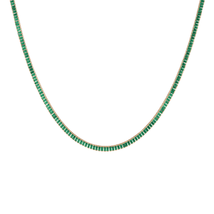 Lab Grown Green Emerald Baguette Tennis Necklace Vermeil Yellow Gold 16in First