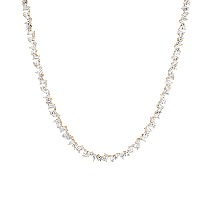 Lab Grown White Sapphire Mixed Shape Tennis Necklace Vermeil Yellow Gold 16in First